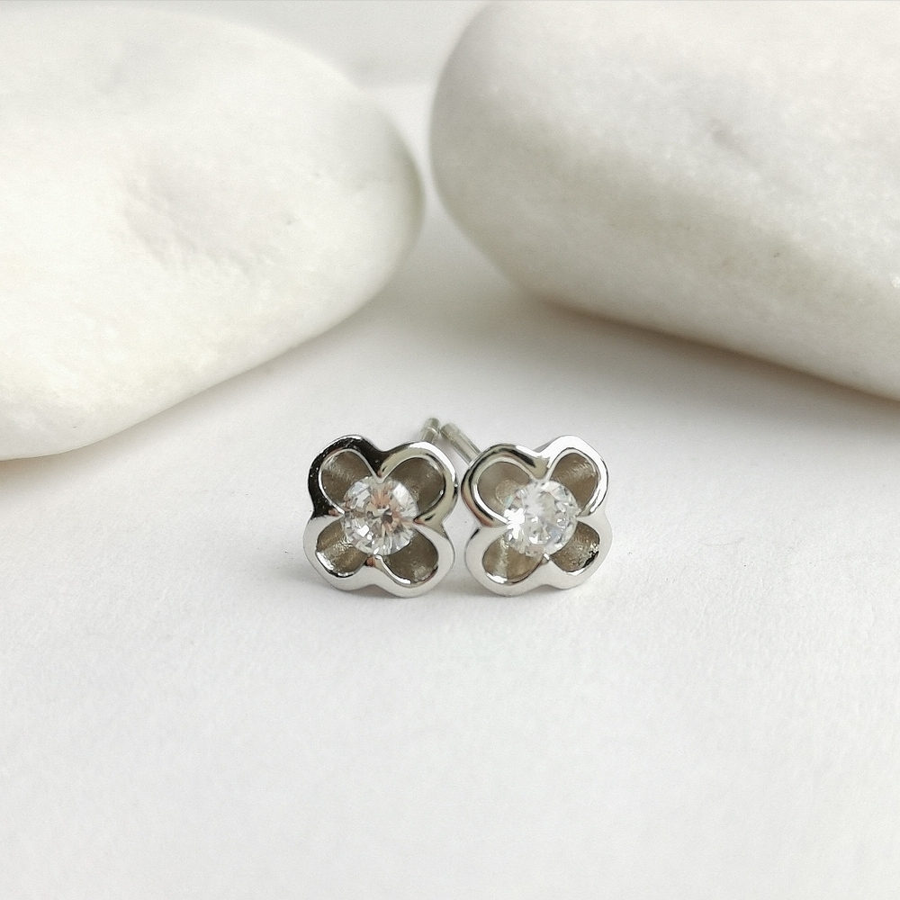 Sterling Silver CZ Flower Stud Earrings
